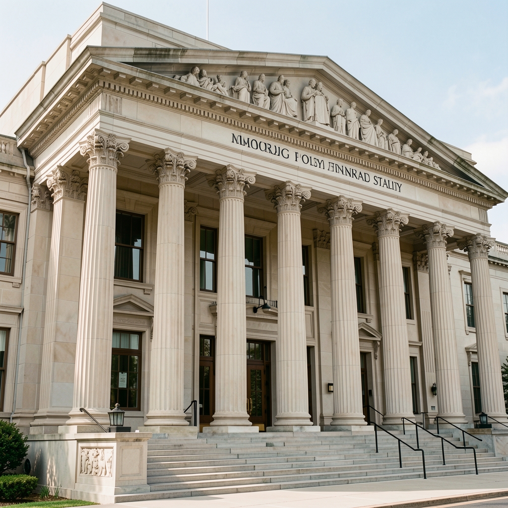 Central bank building exterior with classical architecture columns, representing monetary policy and financial stability