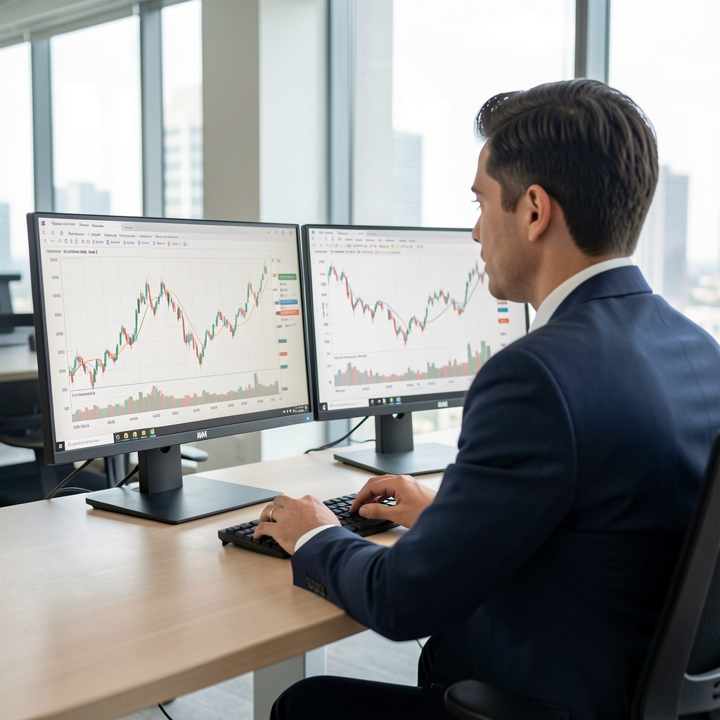 Professional financial analyst reviewing bond yield curves and fixed income charts on dual monitors in modern office