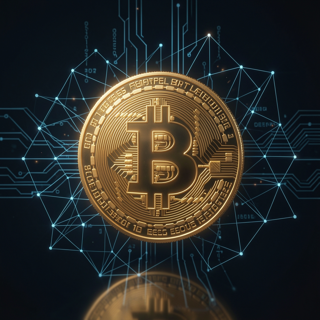 Digital cryptocurrency concept with glowing Bitcoin symbol and blockchain network visualization on dark background