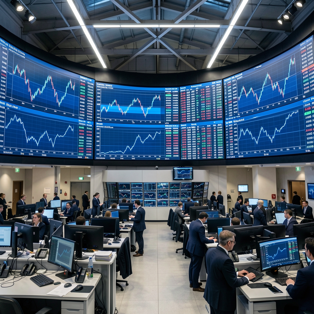 Stock exchange trading floor with large digital screens showing market indices and price fluctuations in blue light