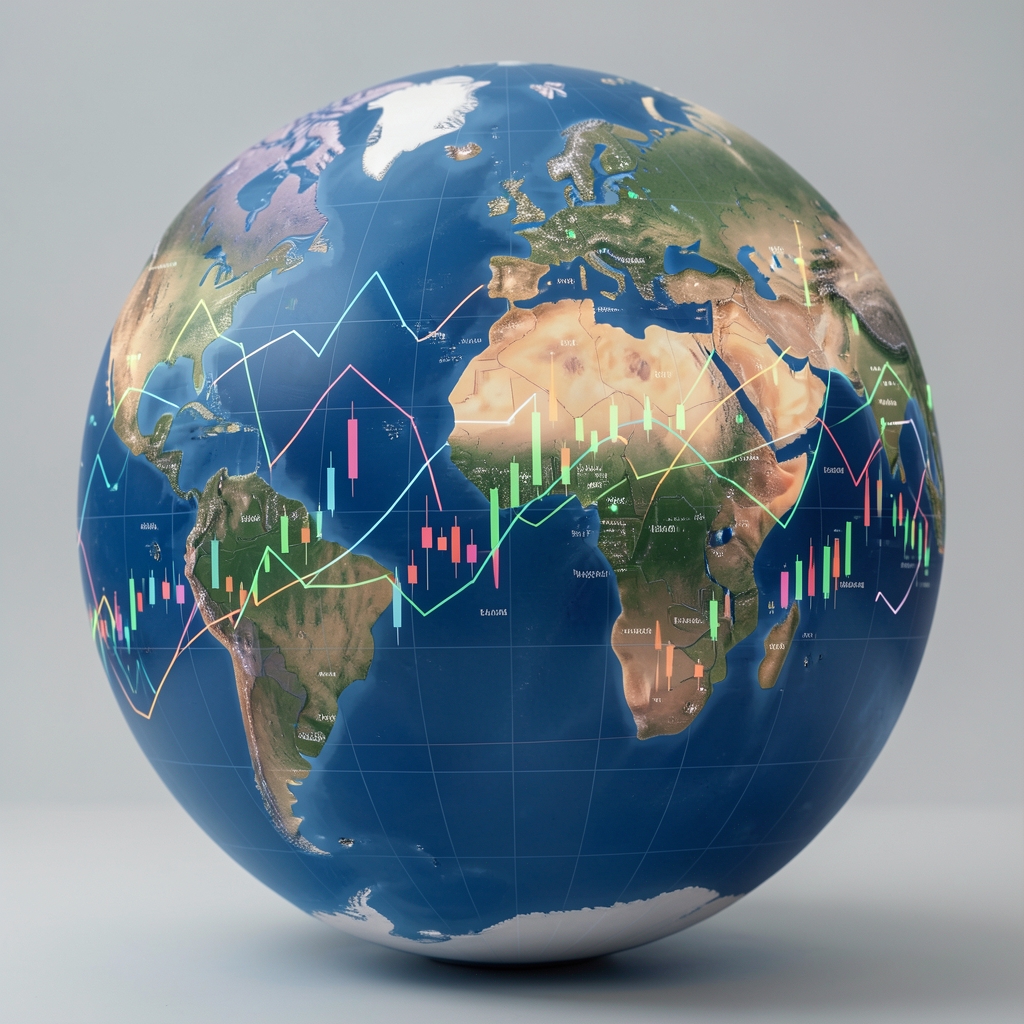 Globe with economic graphs overlaid, representing global macroeconomic trends and international financial flows