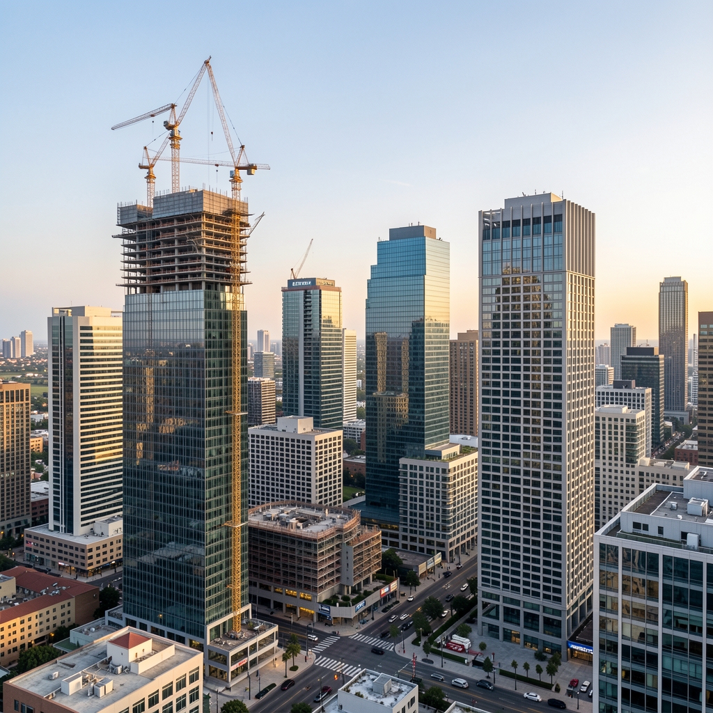 Modern city skyline with real estate development cranes and commercial buildings reflecting economic growth