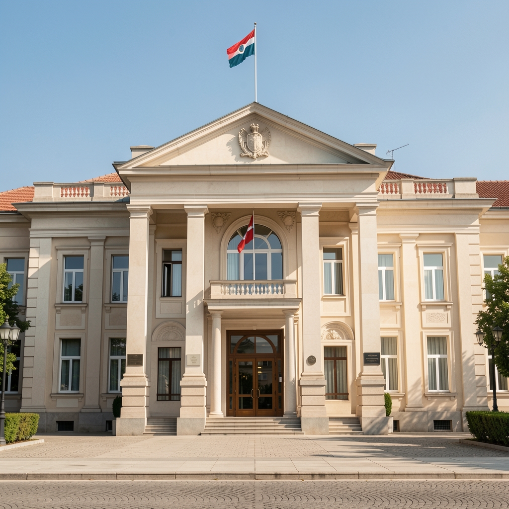 Зграда Народне банке Crне Горе у Подгорици са заставом и официјалном архитектуром централне банке